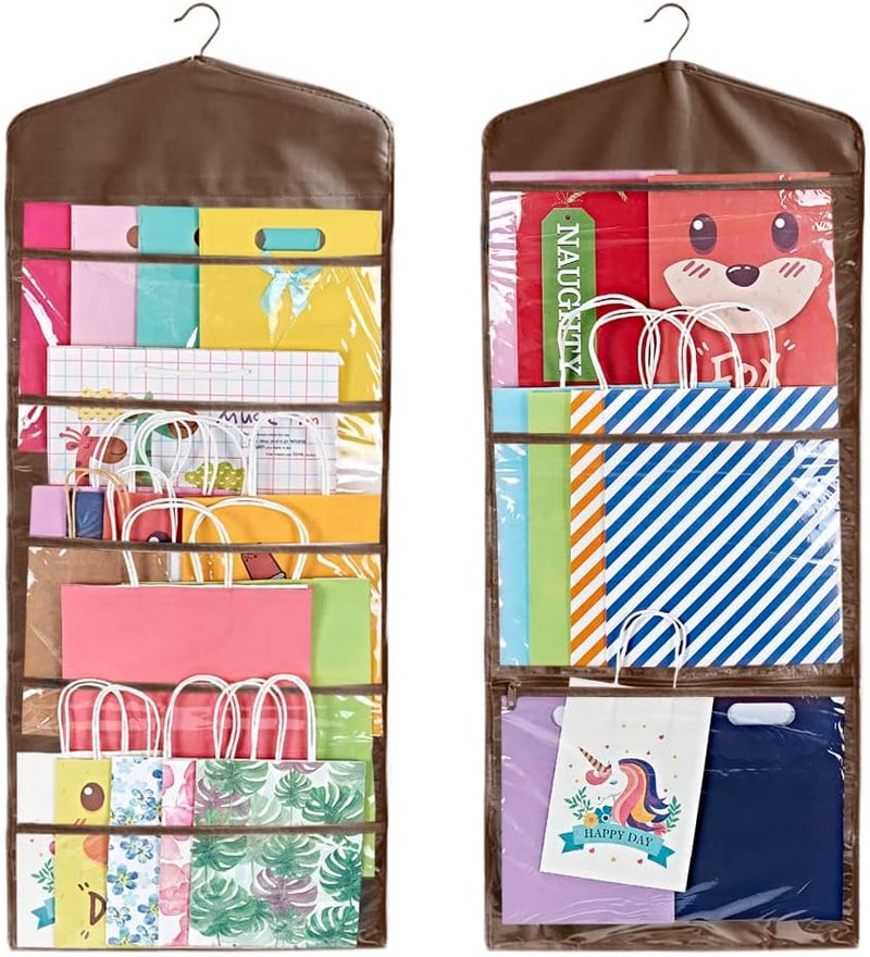 ProPik Hanging Double Sided Gift Bag Storage Organizer with Multiple Front and Back Pockets - Organize Your Gift Wrap, Tissue Paper, and Paper Bags 38 x 16 Inch PVC (Brown) - Image 1