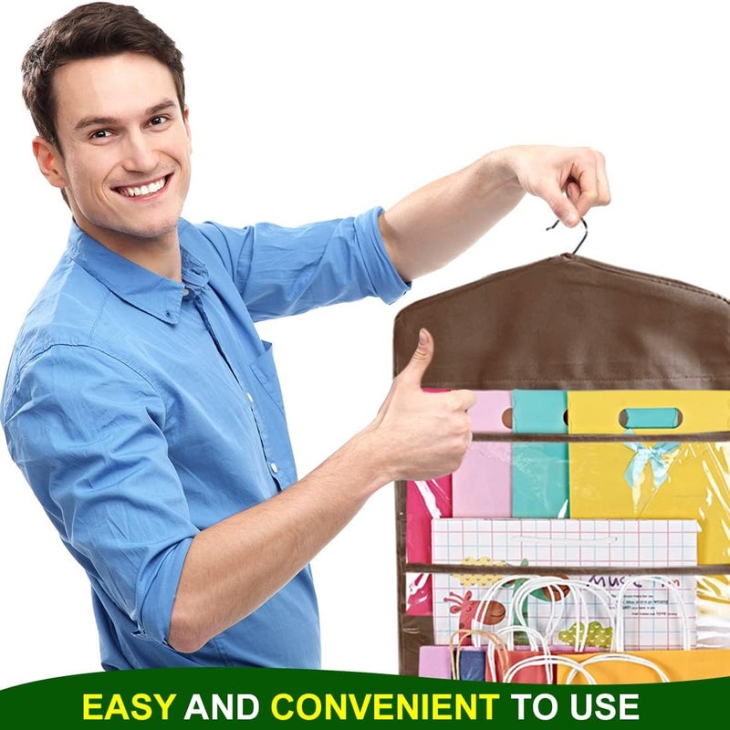 ProPik Hanging Double Sided Gift Bag Storage Organizer with Multiple Front and Back Pockets - Organize Your Gift Wrap, Tissue Paper, and Paper Bags 38 x 16 Inch PVC (Brown) - Image 4