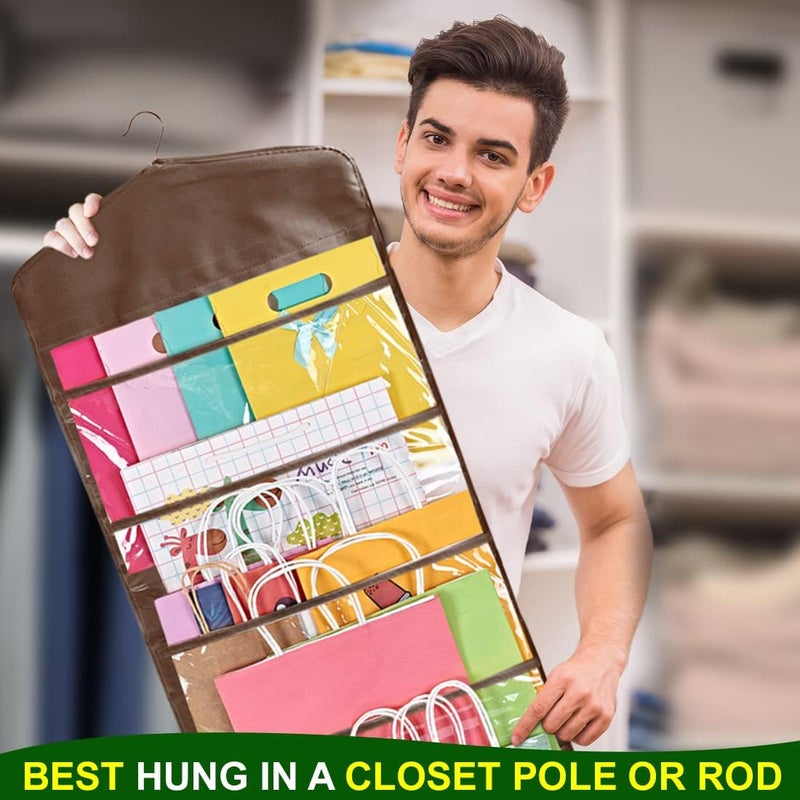 ProPik Hanging Double Sided Gift Bag Storage Organizer with Multiple Front and Back Pockets - Organize Your Gift Wrap, Tissue Paper, and Paper Bags 38 x 16 Inch PVC (Brown) - Image 5