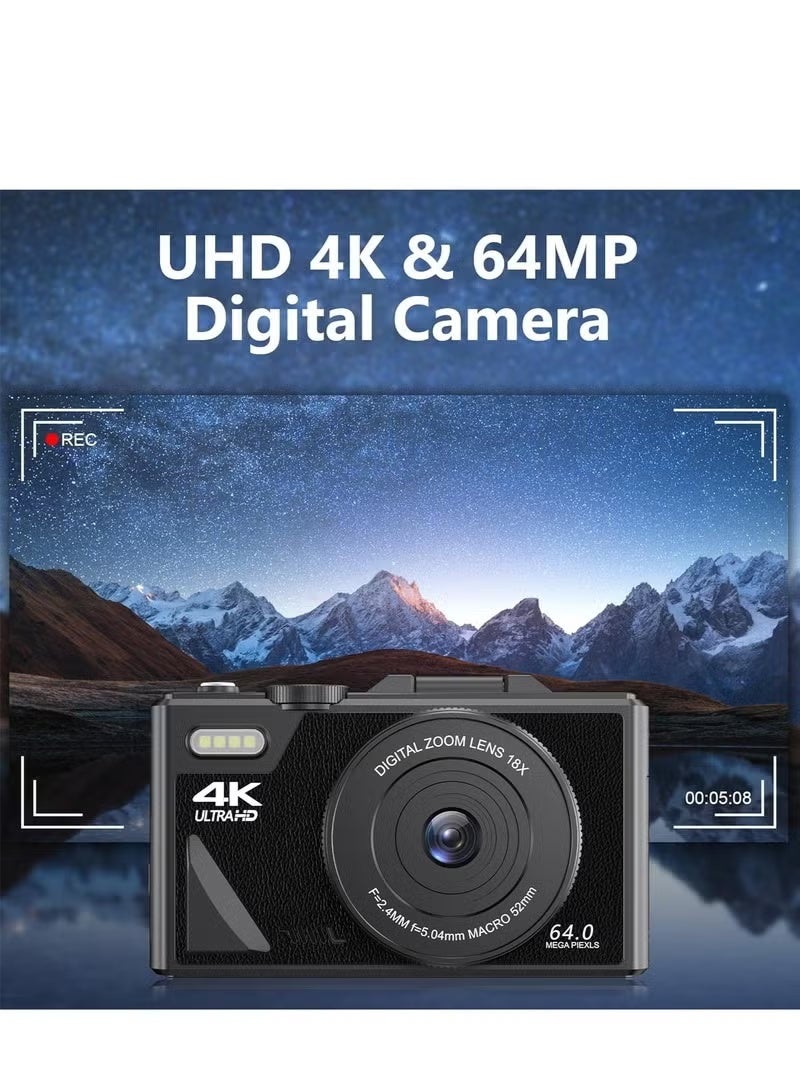زونبون كاميرا رقمية 4K، كاميرا رقمية بدقة 64 ميجابكسل مع تكبير رقمي 18X، كاميرات رقمية بسعة 64 جيجابايت من نوع SD، كاميرا محمولة ذات وظيفة كاميرا ويب كاميرا، كاميرا فيديو ذات تركيز تلقائي مع شاشة قابلة للقلب بحجم 3 بوصات، كاميرا للفيديو السياحي، كاميرا رقمية كهدية - Image 2