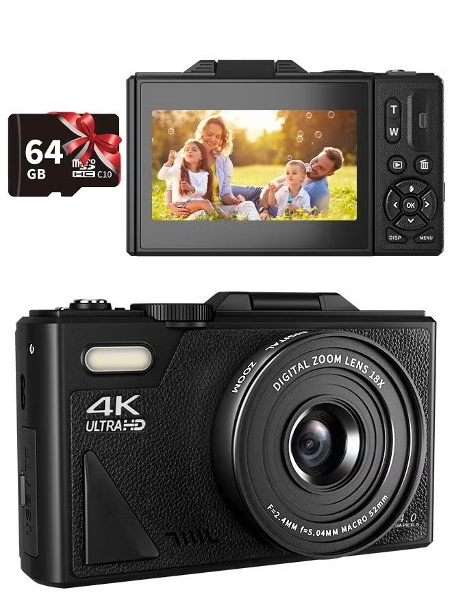 4K Digital Camera, 64MP Camera Digital 18X Digital Zoom, Cameras Digital with 64GB SD, Portable Camera with Webcam Function, Auto Focus Vedio Camera with 3in Flip Screen, Vlogging Camera for Travel, Digital camera as a gift