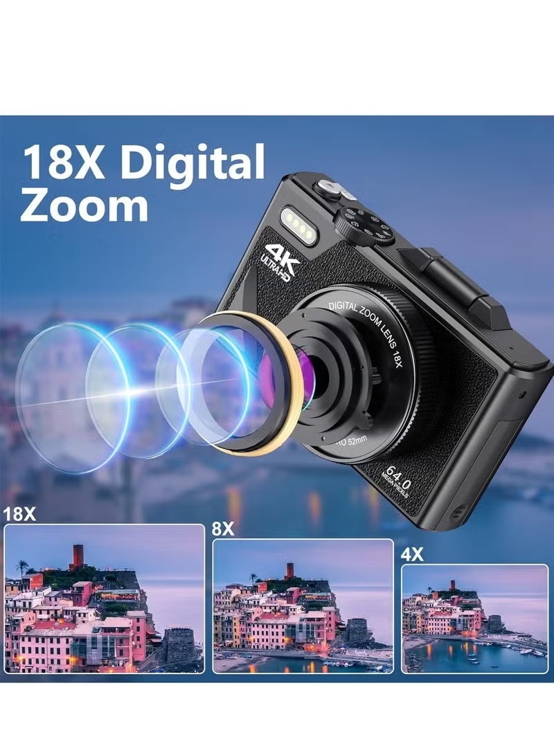 زونبون كاميرا رقمية 4K، كاميرا رقمية بدقة 64 ميجابكسل مع تكبير رقمي 18X، كاميرات رقمية بسعة 64 جيجابايت من نوع SD، كاميرا محمولة ذات وظيفة كاميرا ويب كاميرا، كاميرا فيديو ذات تركيز تلقائي مع شاشة قابلة للقلب بحجم 3 بوصات، كاميرا للفيديو السياحي، كاميرا رقمية كهدية - Image 3