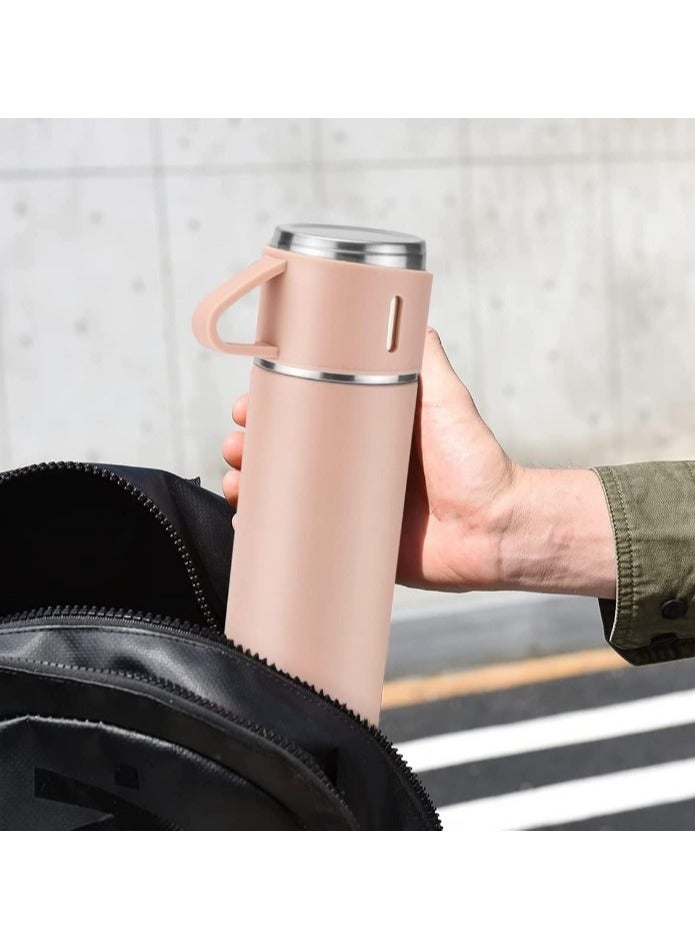 كوب حراري أصلي سعة 500 مل مع 3 أكواب، زجاجة حرارية، ترمس شاي وقهوة معزول بالفراغ مصنوع من الفولاذ المقاوم للصدأ 304، كوب سفر للمشروبات الساخنة والباردة، مجموعة قوارير معزولة - وردي - Image 5