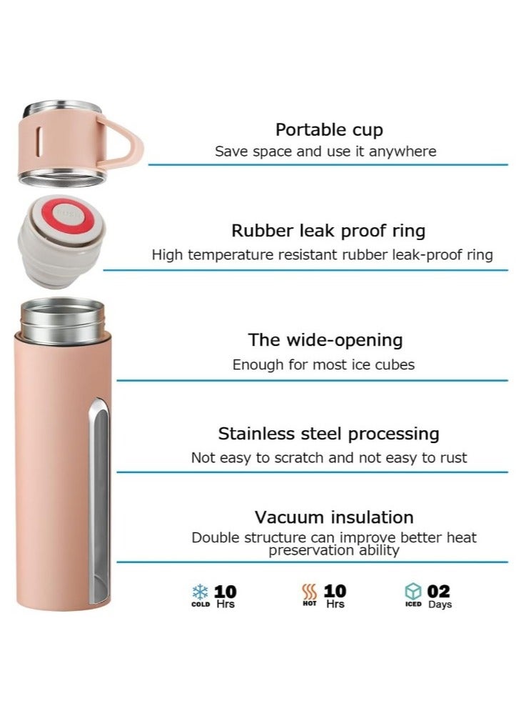 كوب حراري أصلي سعة 500 مل مع 3 أكواب، زجاجة حرارية، ترمس شاي وقهوة معزول بالفراغ مصنوع من الفولاذ المقاوم للصدأ 304، كوب سفر للمشروبات الساخنة والباردة، مجموعة قوارير معزولة - وردي - Image 4