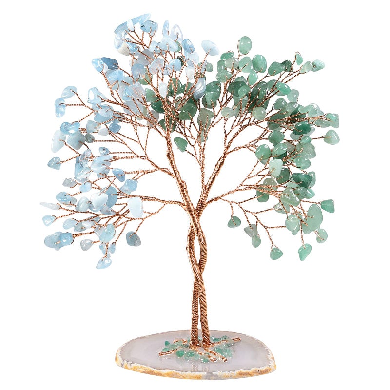 mookaitedecor Handmade Green Aventurine  Aquamarine Crystal Tree with Agate Slice Base Bonsai Money Tree of Life for Wealth and Luck Feng Shui Home Decor