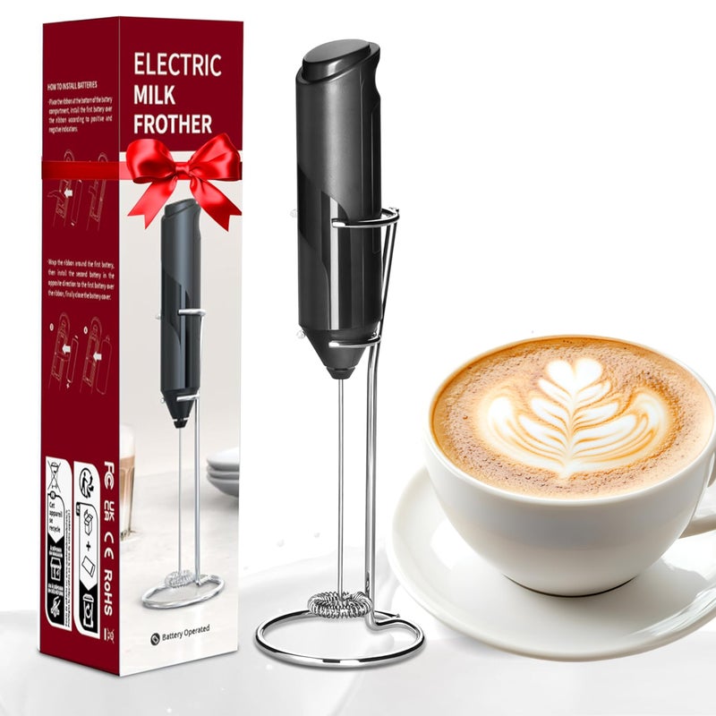 HealSmart Kitchen Milk Frother Handheld with Stand for Coffee Electric Foamer Maker for Lattes Mini Hand Blender for Cappuccino Matcha Frappe Hot Chocolate Wand Drink Mixer Whisk Black