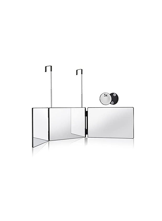 3 WAY MIRROR FOR HAIR CUTTING360 TRIFOLD MIRROR WITH HEIGHT ADJUSTABLE TELESCOPING HOOKSAND 5X MAGNIFICATIONFOR MAKEUP HAIR STYLING
