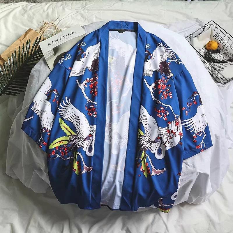 Summer Retro Crane Kimono Cardigan Blue, white, red, Crane, blue (921)