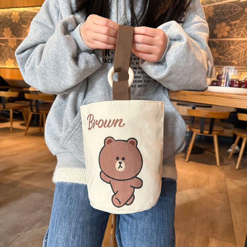 Cute Brown Bear Series Canvas Bag Fashion Cute Fun Bucket Bag Large Capacity Student Commuting - Image 3