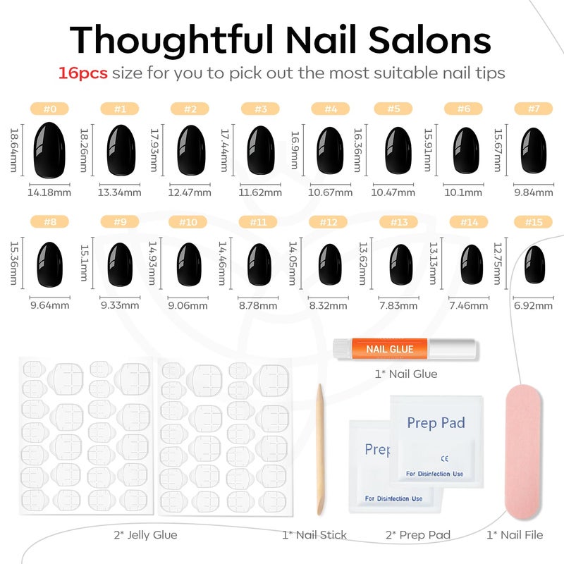 modelones Black Short Press on Nails, Oval Fake Nails Kit Press Ons with Nail Glue, Adhesive Tabs, Nail File, Prep Pad, Manicure Stick, 32Pcs 16 Sizes, Women Girl Gift - Image 5