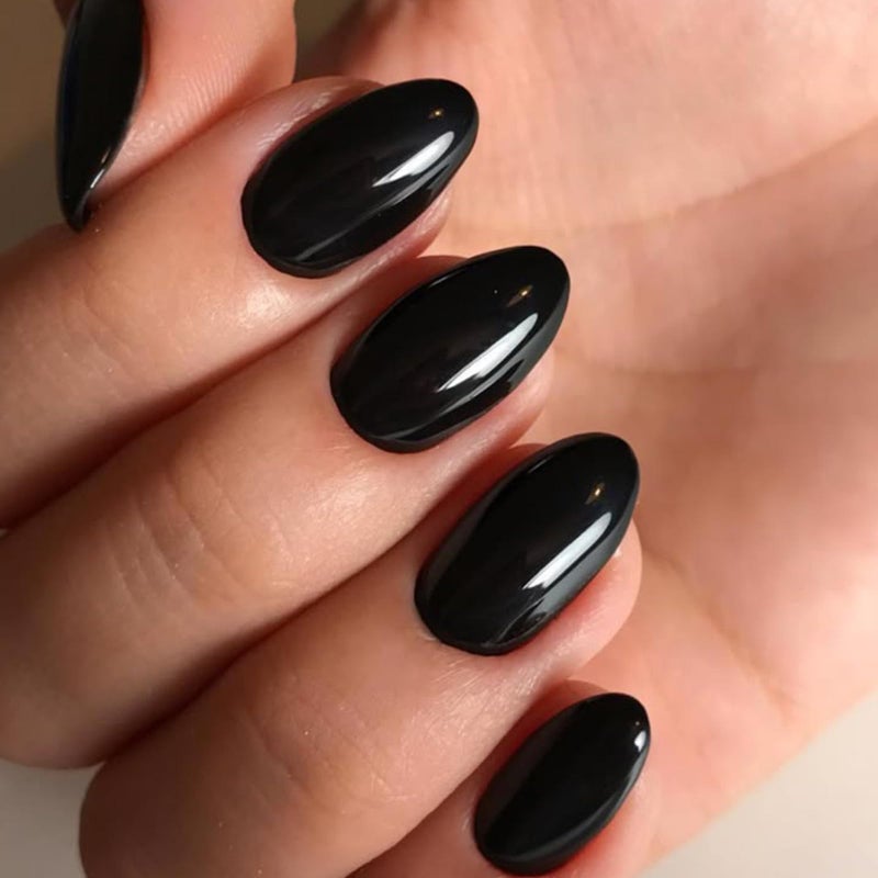 modelones Black Short Press on Nails, Oval Fake Nails Kit Press Ons with Nail Glue, Adhesive Tabs, Nail File, Prep Pad, Manicure Stick, 32Pcs 16 Sizes, Women Girl Gift - Image 2