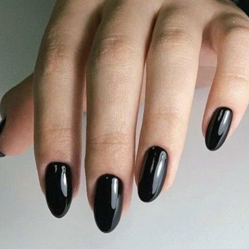modelones Black Short Press on Nails, Oval Fake Nails Kit Press Ons with Nail Glue, Adhesive Tabs, Nail File, Prep Pad, Manicure Stick, 32Pcs 16 Sizes, Women Girl Gift - Image 1