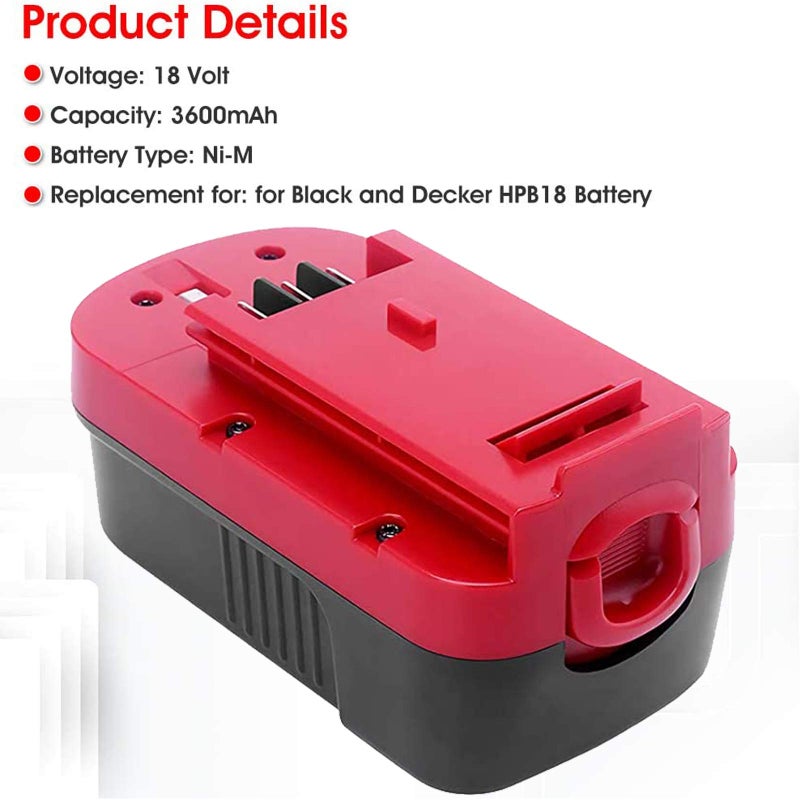 OHYES BAT 2-Pack [Upgraded To 3600Mah] Hpb18 Replacement For Black And Decker 18V Battery Compatible With Black And Decker 18 Volt Battery Ni-Mh 244760-00 A1718 Fs18Fl Fsb18 Firestorm Cordless Tools (Red) - Image 3
