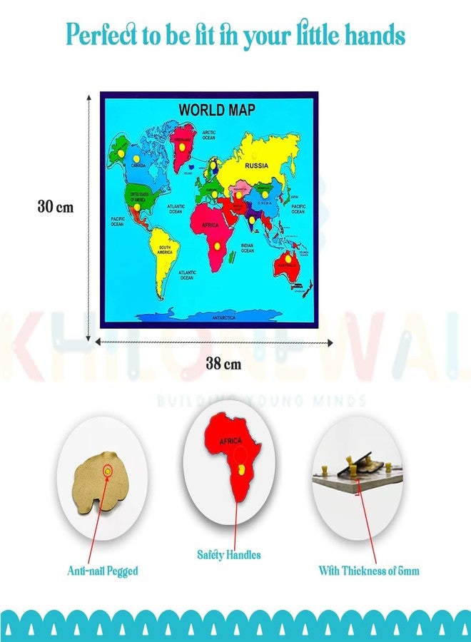 Khilonewale Kid's Wooden World Map Puzzle with Knobs | Educational Learning Toys for Boys and Girls | Size 30x38CM (World Map) - Image 4