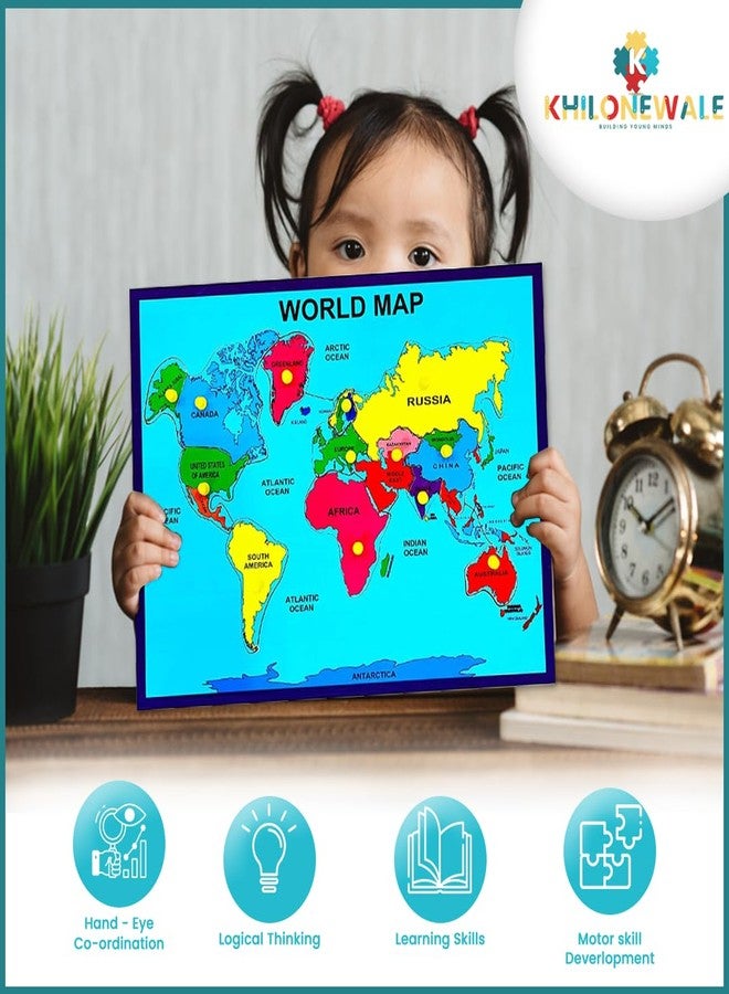 Khilonewale Kid's Wooden World Map Puzzle with Knobs | Educational Learning Toys for Boys and Girls | Size 30x38CM (World Map) - Image 2