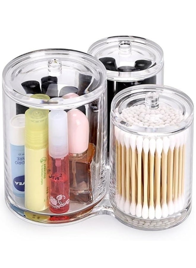 حافظة أعواد قطنية شفافة من الأكريليك عالي الجودة مع 3 أقسام – منظم دائري فاخر مقاوم للكسر لتخزين أعواد الأذن ووسادات المكياج والقطن – برطمان أكريليك أنيق بغطاء محكم للاستخدام في الحمام وغرفة النوم وتنظيم مستلزمات التجميل والمنزل - Image 2
