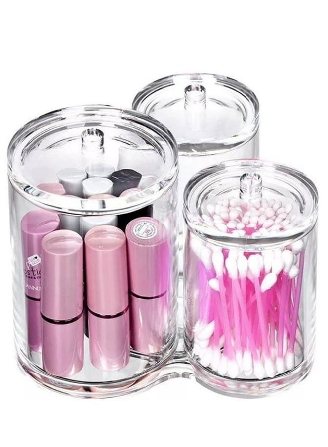 حافظة أعواد قطنية شفافة من الأكريليك عالي الجودة مع 3 أقسام – منظم دائري فاخر مقاوم للكسر لتخزين أعواد الأذن ووسادات المكياج والقطن – برطمان أكريليك أنيق بغطاء محكم للاستخدام في الحمام وغرفة النوم وتنظيم مستلزمات التجميل والمنزل - Image 1