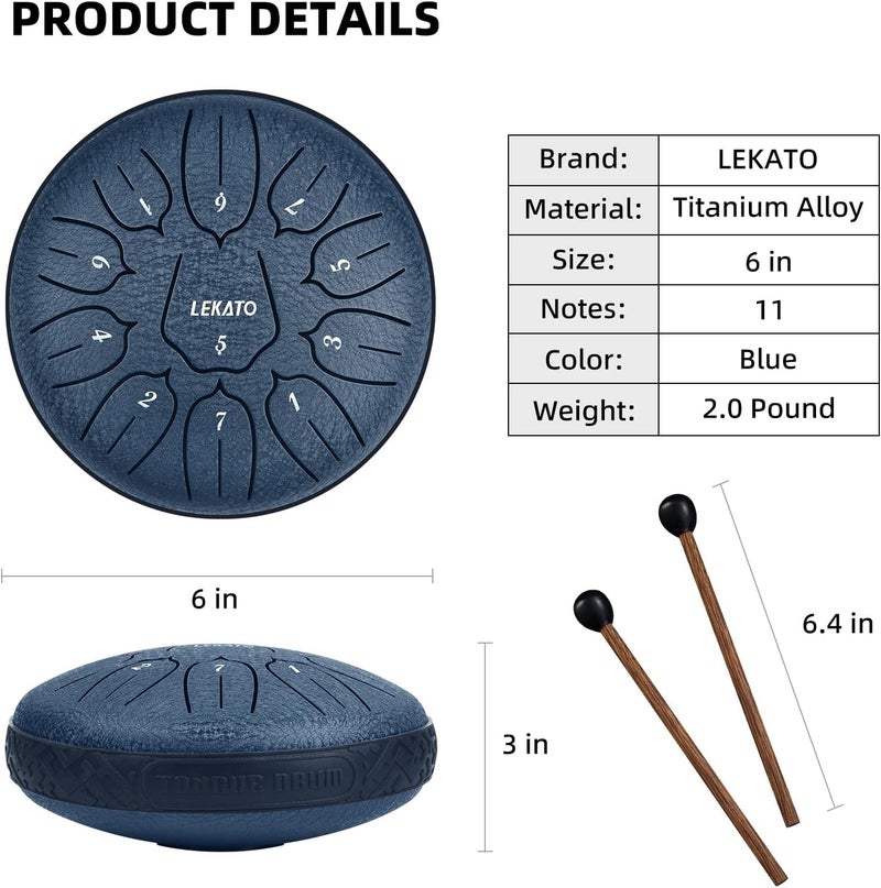LEKATO Steel Drum 6 Inch 11 Notes With Carrying Bag, Steel Tongue Drum for Beginner Chime Percussion for Meditation Yoga Musical Education, Navy Blue - Image 2