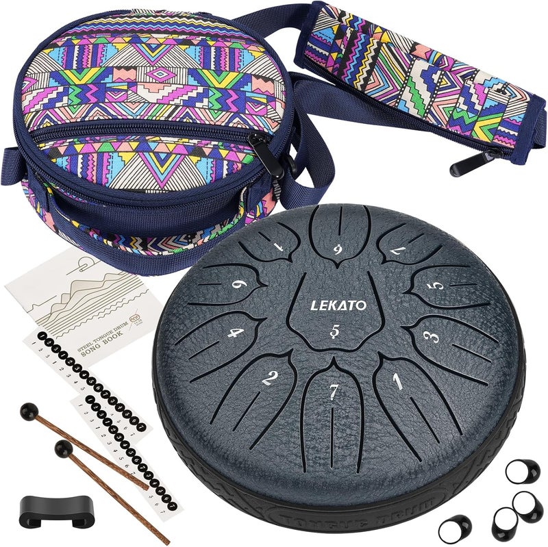 LEKATO Steel Drum 6 Inch 11 Notes With Carrying Bag, Steel Tongue Drum for Beginner Chime Percussion for Meditation Yoga Musical Education, Navy Blue - Image 1