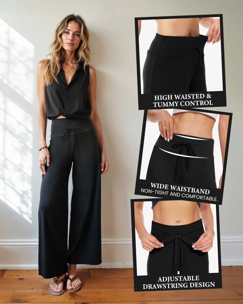 ZOOSIXX Soft Black Pajama Pants for Women, Wide Leg Comfy Casual Lounge Yoga Capri Pants 22'' / 30'' - Image 3