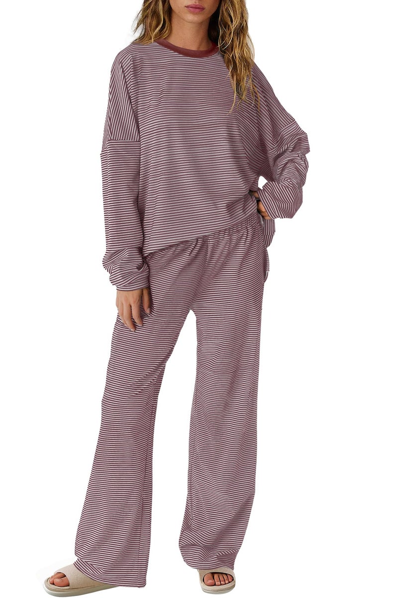 Yanekop Womens Striped Lounge Set Long Sleeve Matching Sets Oversized Pajama Sets Striped Shirt Wide Leg Pants(Red Brown Oatmeal Stirped,L) - Image 1