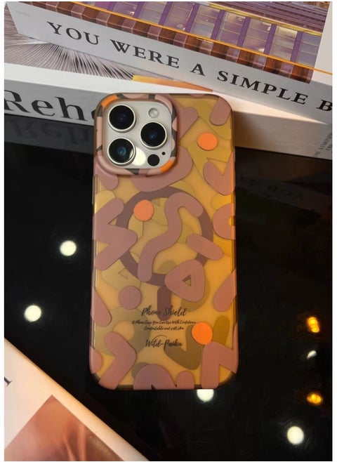 PAIKA For Iphone 16Promax Magnetic Phone Case Graffiti Frosted For Iphone 15 Metal Button 14 Case-Color:Graffiti Magnetic-coffee-Applicable Models:For Iphone 14PROMAX