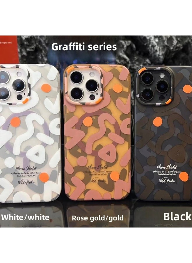 PAIKA For Iphone 16Promax Magnetic Phone Case Graffiti Frosted For Iphone 15 Metal Button 14 Case-Color:Graffiti Magnetic-coffee-Applicable Models:For Iphone 14PROMAX