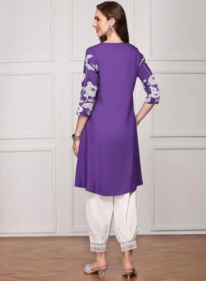 آي شين Women's Purple Rayon Printed Tunic Straight Fit Kurta