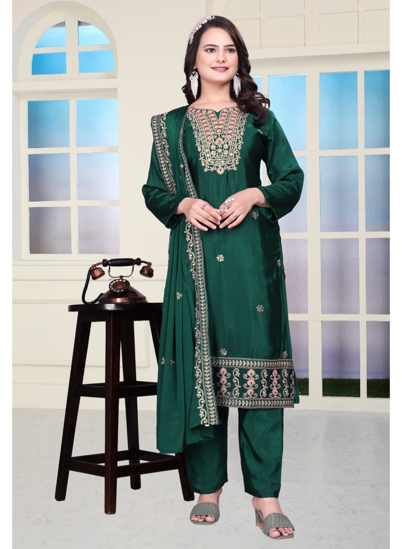 Super Asian Graceful Chinnon Embroidered Long Top Set with Pants & Dupatta – Coding Sequin Work | Fully Stitched - Image 1