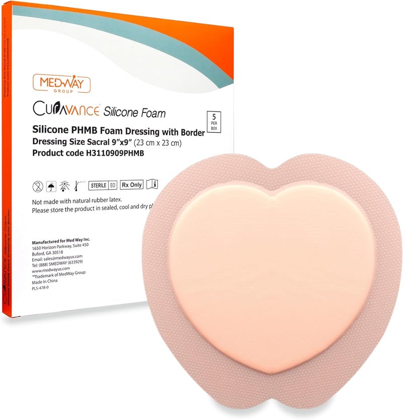 MedVance Sacral Bordered PHMB Silicone Adhesive Foam Wound Dressing, Bed Sore Treatment Bandage for Sacrum, Size 9"x 9" (6.1" Pad x 6.6" Pad), Box of 5 dressings