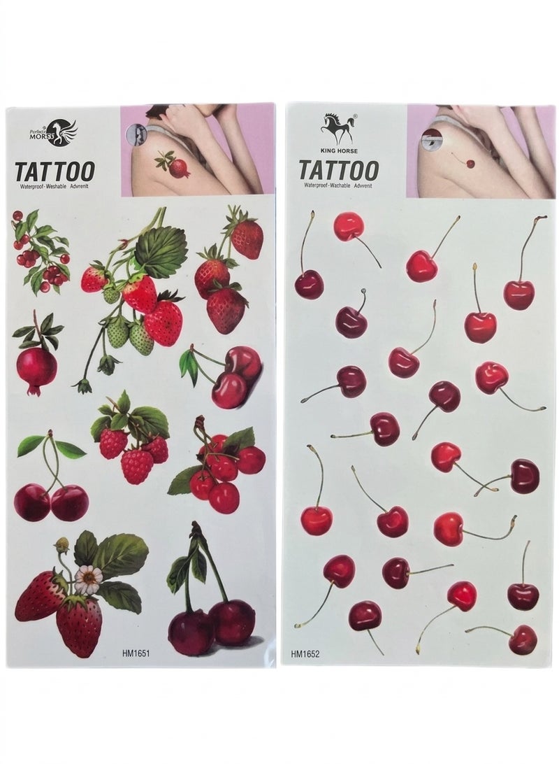 عبوة من قطعتين من تاتو مؤقت مقاوم للماء بتصميم كرز واقعي للنساء، عبارات إنجليزية أنيقة وزهور مع فيونكة وعناصر المشمش، ملصقات تاتو لاصقة سهلة الاستخدام، مثالية لمكياج مرح، الحفلات، المناسبات، والهدايا الموسمية - Image 1