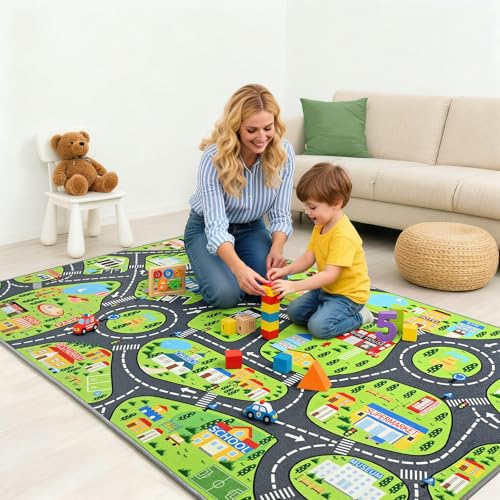 B BENRON Kids Car Play Rugs - 36"x60" Learning and Fun City Road Map Play Mat for Playing with Cars Trucks, Non-Slip Playmat for Nursery, Playroom Bedroom and Classroom, Machine Washable - Image 2