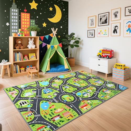 B BENRON Kids Car Play Rugs - 36"x60" Learning and Fun City Road Map Play Mat for Playing with Cars Trucks, Non-Slip Playmat for Nursery, Playroom Bedroom and Classroom, Machine Washable - Image 1