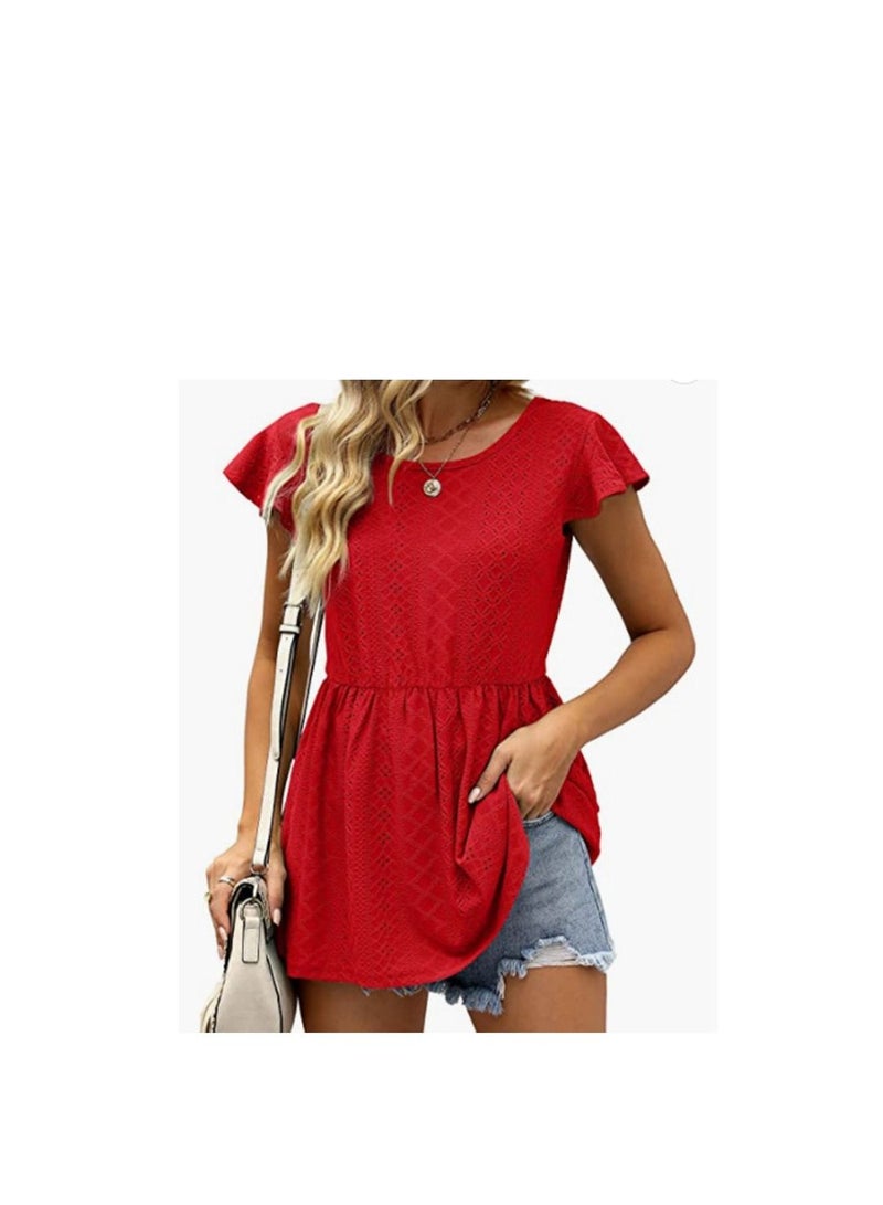 Loquat Summer New Women's Hollowed Oout Lotus Sleeve Waist Cinched Casual Blouse  - Image 1