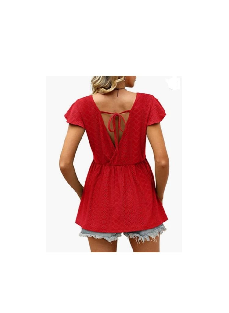 Loquat Summer New Women's Hollowed Oout Lotus Sleeve Waist Cinched Casual Blouse  - Image 2
