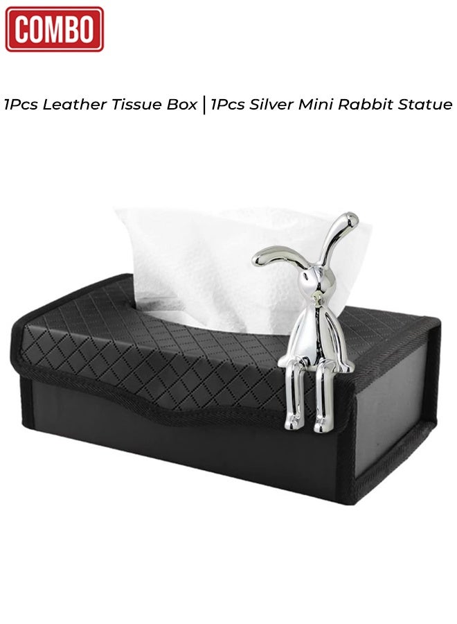 حامل مناديل ورقية جلدي مع تمثال أرنب صغير فضي - ديكور للسيارة والمنزل والمكتب، مزود بإغلاق مغناطيسي، طقم منظم متين من جلد البولي يوريثان. - Image 1