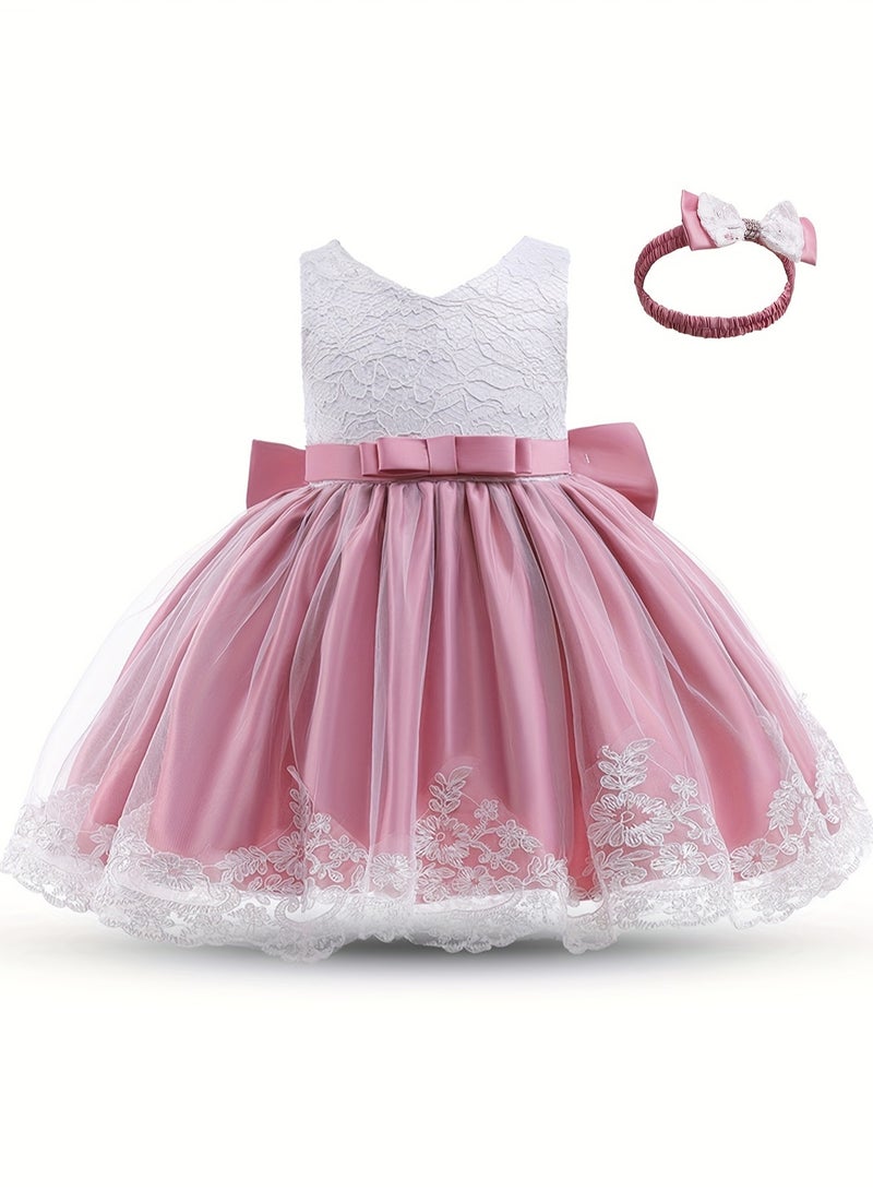 Baby Girl Princess Dress – Sleeveless Lace Tutu Party Dress for Toddlers, Birthday Dress, Tulle Dress, Girls Frock, Kids Baby Dress, Bowknot Gown – Peach Pink, 90cm (1-2Y) - Image 2