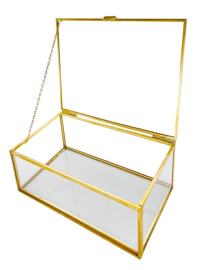 MSRECK Vintage Golden Glass Lidded Box Edge Keepsake Jewelry Organizer, Brass Large Clear Rectangle Box, Decorative Boxes, 8x4.5x2in - Image 1