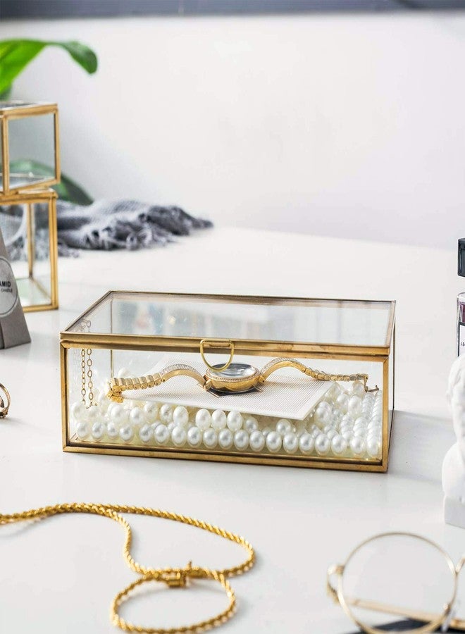 MSRECK Vintage Golden Glass Lidded Box Edge Keepsake Jewelry Organizer, Brass Large Clear Rectangle Box, Decorative Boxes, 8x4.5x2in - Image 2