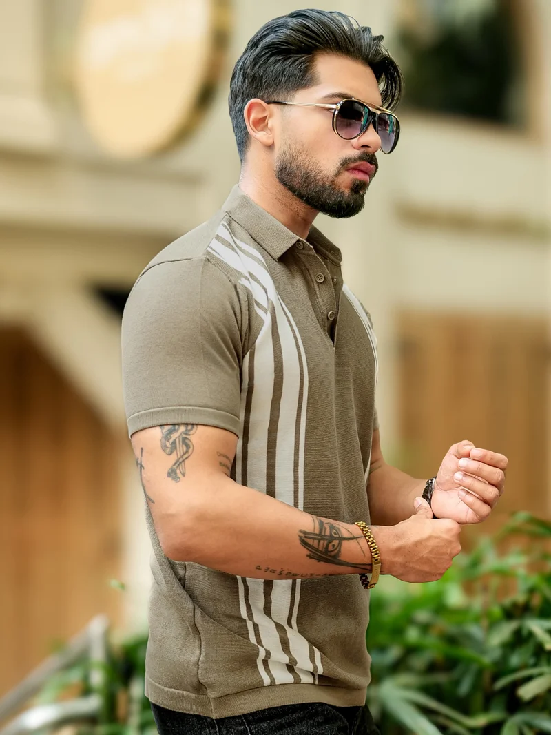 Maniac  Maniac Mens vertical stripe polo neck half sleeve FLTKNT-VRTLINE and white flatknit cotton t-shirt for Men | Best Price UAE