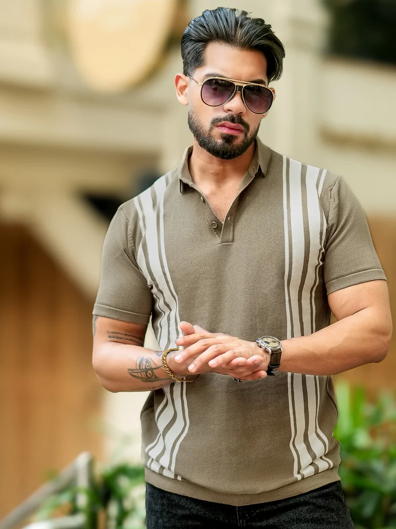 مانياك تيشيرت بولو رجالي مانياك مخطط عمودي نصف كم قطن أخضر وأبيض