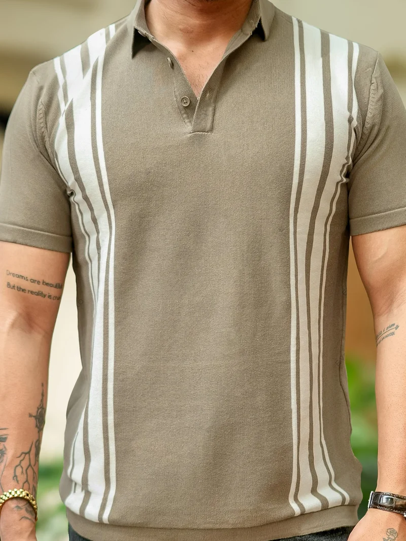 Maniac  Maniac Mens vertical stripe polo neck half sleeve FLTKNT-VRTLINE and white flatknit cotton t-shirt for Men | Best Price UAE