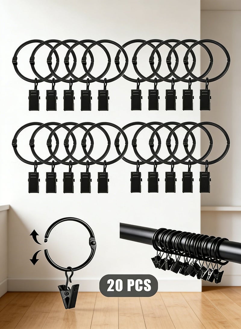 20 Pcs Shower Curtain Hooks with Clip, Metal Rustproof Openable Hanging Curtain Rings, 1.22 Inch Drapery Eyelet Rings for Bathroom Bedroom Kitchen Home Curtain(Black) - Image 1
