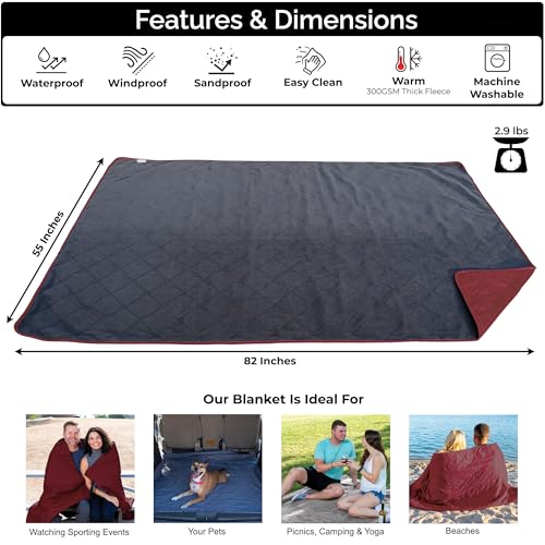 BRAWNTIDE Large Outdoor Waterproof Blanket - Quilted, Extra Thick Fleece, Warm, Windproof, Ideal Stadium Blanket, Camping Blanket, Great for Beaches, Festivals, Parks, Grass, Yoga, Pets, Dogs (Wine) - Image 2