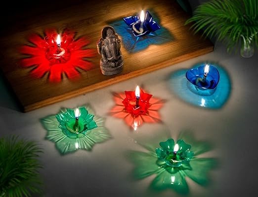 LEMBOSE LEMBOSE Reflected Shadow Floating Transparent Diwali Diya Set Lantern Candle Panti Oil Lamps for Diwali Puja Room Decoration Item Gift Plastic Diya Set of 12 Multi Design Shape - Image 3