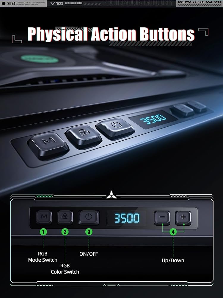 لانو 1 llano V10 مبرد لابتوب للألعاب، حامل وسادة تبريد لابتوب RGB مع مروحة تبريد توربو خارجية قوية مقاس 4.72 بوصة، تبريد سريع لأجهزة الكمبيوتر من 13 إلى 17.3 بوصة، التحكم بالأزرار، 3 أوضاع ارتفاع قابلة للتعديل، 4 منافذ USB (أسود) - Image 4