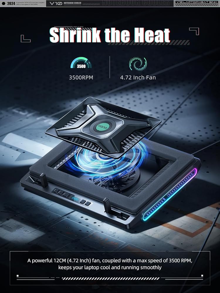 لانو 1 llano V10 مبرد لابتوب للألعاب، حامل وسادة تبريد لابتوب RGB مع مروحة تبريد توربو خارجية قوية مقاس 4.72 بوصة، تبريد سريع لأجهزة الكمبيوتر من 13 إلى 17.3 بوصة، التحكم بالأزرار، 3 أوضاع ارتفاع قابلة للتعديل، 4 منافذ USB (أسود) - Image 2