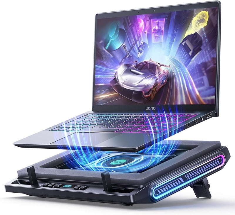 لانو 1 llano V10 مبرد لابتوب للألعاب، حامل وسادة تبريد لابتوب RGB مع مروحة تبريد توربو خارجية قوية مقاس 4.72 بوصة، تبريد سريع لأجهزة الكمبيوتر من 13 إلى 17.3 بوصة، التحكم بالأزرار، 3 أوضاع ارتفاع قابلة للتعديل، 4 منافذ USB (أسود) - Image 1