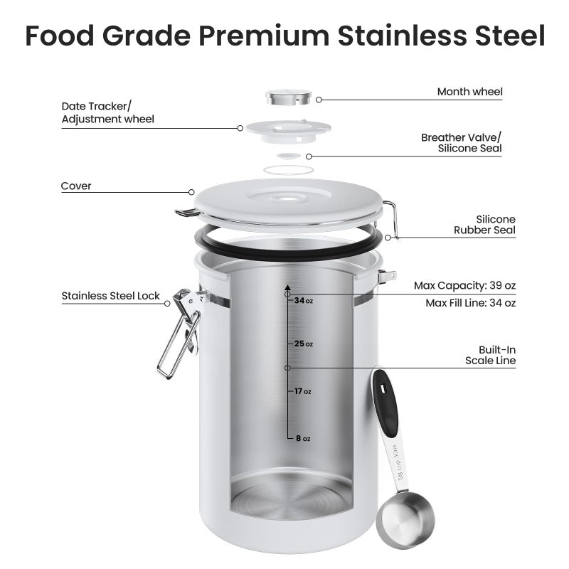 Veken Coffee Canister, 39OZ Large, Airtight Stainless Steel Food Storage Container for 2.2lbs Coffee Beans, Ground, Sugar, Tea, Flour, Cereal, Kitchen Bar Accessories with Date Tracker & Scoop, White - Image 5