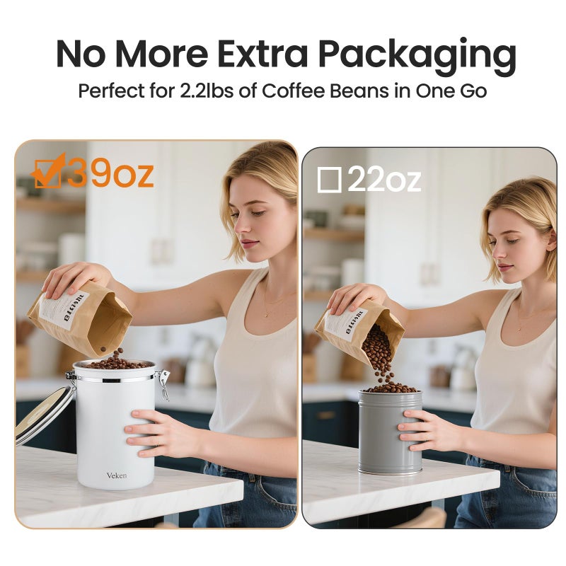 Veken Coffee Canister, 39OZ Large, Airtight Stainless Steel Food Storage Container for 2.2lbs Coffee Beans, Ground, Sugar, Tea, Flour, Cereal, Kitchen Bar Accessories with Date Tracker & Scoop, White - Image 4